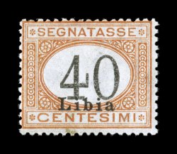 Sassone S11A, 1930 40c Orange and black with Libia overprint, an unusually well centered example for a postage due as it is not uncommon for postage dues of this period to
strongly cut the design on one or more sides, this example is just bare
