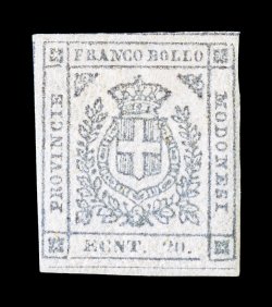 Sassone 16c, 1859 20c Gray lilac, Ecnt for Cent, remarkably fresh mint single, large to extra-large margins with full dividing line at bottom and a portion at top, full o.g.,
lightly hinged, very fine and choice example of this typographic e
