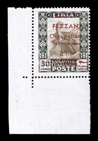 Sassone 4, 1943 FezzanOccupationFrancise2Frs red surcharge on Libya 30c Black and brown, bottom left corner margin single of this scarce key value, fresh with deep colors, o.g.
n.h., typical fine centering a rare occupation stamp of which