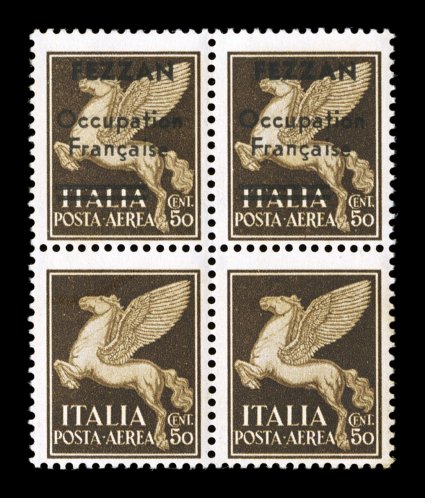 Sassone PA1 var., 1943 50c Brown air post with FezzanOccupationFrancise black overprint, vertical pair, one without overprint, mint block of four with the occupation overprints
on the top pair and the bottom pair without overprint, thus two