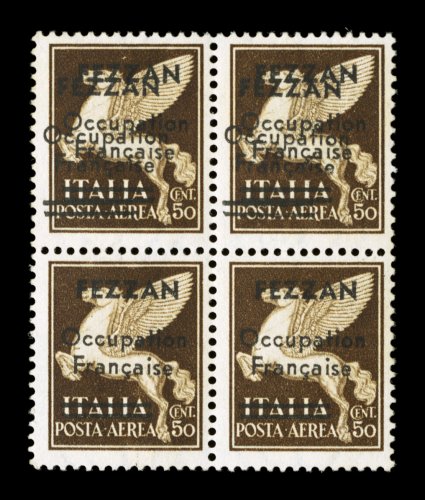 Sassone PA1a var., 1943 50c Brown air post with FezzanOccupationFrancise black overprint, vertical pair, one with double overprint and one normal, attractive block of four with
two such pairs, the top stamps have the double overprint, deep r