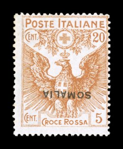 Sassone 22a, 1916 20c+5c Red Cross with Somalia overprint, inverted overprint, a most unusual variety on this series that is listed but unpriced in Sassone and unlisted in
Scott, exceptionally fresh, deep color, o.g., n.h., usual fine centerin