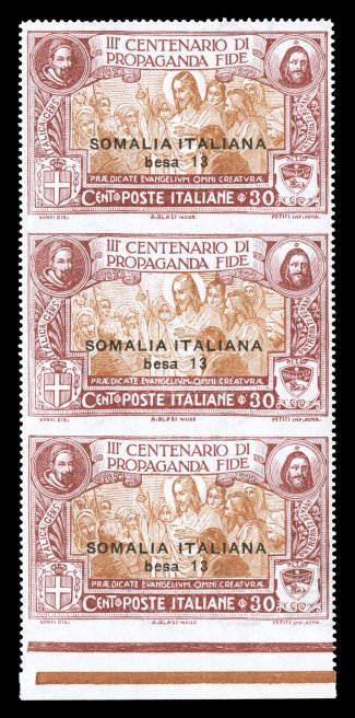 Sassone 46k, 1923 Somalia ItalianaBesa 13 surcharge on 30c Propagation of the Faith, vertical strip of three imperforate between and in bottom selvage, a lovely example of this
perforation error being exceptionally well centered, bright fresh