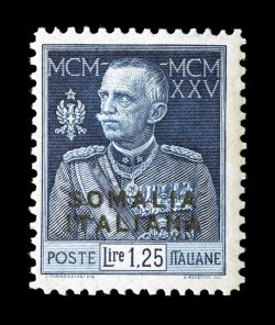Sassone 69, 1926 1,25L King Victor Emmanuel with Somalia Italiana, perforated 11, fresh mint single with intense deep color on bright white paper, quite well centered and
surrounded by full even perforations, o.g., n.h., very fine signed A. D(i
