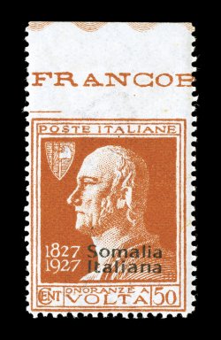Sassone 110g, 1927 50c Volta with Somalia Italiana overprint, imperforate top margin, attractive top sheet-margin single showing a portion of the marginal inscription,
imperforate between the stamp and the selvage, fresh with bright rich color