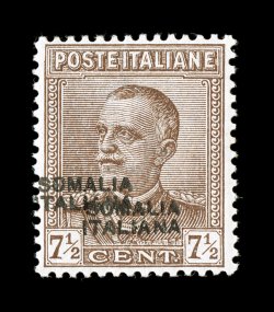 Sassone 116a, 1928 Brown with Somalia Italiana overprint, double overprint, pristine mint single, exceptionally well centered, bright with nice color on fresh paper, o.g., n.h.,
extremely fine signed Raybaudi (Scott 100a $850.00).