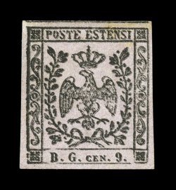 Sassone SG2b, 1853 9c Black on gray violet, double impression, without gum as are all existing copies, an extraordinarily choice example of this rarity with large balanced
margins showing the full dividing line at top, the impressions are strong