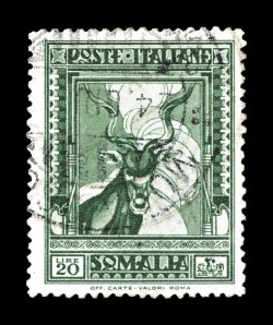 Sassone 229, 1937 20L Green, perforated 14, an attractive used example of this exceptionally rare perforation on this high value, large portion of a light Mogadiscio c.d.s.,
well centered, very fine and choice a rare example of this key value o