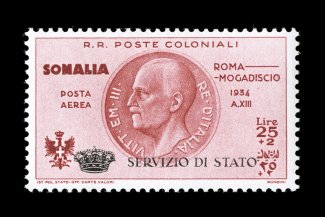 Sassone SA1, 1934 25L+2L Brown carmine air post semi-postal official, exceptionally well centered mint single, possessing intense rich color on bright paper, full even
perforations, o.g., lightly hinged, extremely fine signed Elliot, A. Rendon