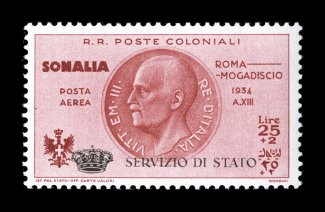 Sassone SA1, 1934 25L+2L Brown carmine air post semi-postal official, unusually well centered mint single, intense rich color on bright paper, full even perforations, o.g.,
trace of hinging, extremely fine signed G. Oliva, Colla and others, plu