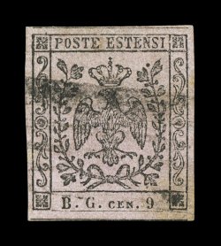 Sassone SG2c, 1853 9c Black on Gray violet, no period after 9, large-margined used example showing complete dividing lines at top and bottom, paper with strong color, choice very
fine signed E(milio) D(iena), A. D(iena) (Scott PR2a $275.00)
