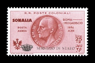 Sassone SA1, 1934 25L+2L Brown carmine air post semi-postal official, another fresh mint single, bright color on white paper, o.g., barest trace of hinging, very fine (Scott
CBO1 $2,400.00).