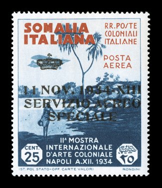 Sassone SA2, 1934 25c Indigo and orange brown air post official, choice mint single being well centered and fresh, rich colors, o.g., lightly hinged, very fine and scarce stamp,
signed H. Bloch, Raybaudi and accompanied by 1998 Raybaudi gold cer