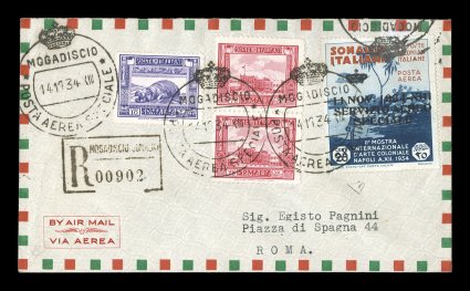 Sassone SA2, 1934 25c Indigo and orange brown air post official, tied to small size registered cover along with three pictorials by MogadiscioPosta Aerea Speciale14.11.34 Crown
postmarks for the special flight from Mogadiscio to Rome, backst
