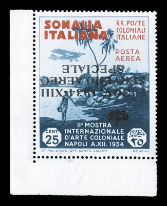 Sassone SA2b, 1934 25c Indigo and orange brown air post official, inverted overprint, a magnificent bottom left corner margin single of this rare error, exceptionally well
centered, especially fresh with strong rich colors on bright paper, o.g.,