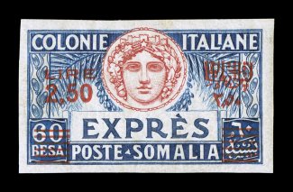 Sassone E6c, 1926 Lire2,50 surcharge on 60b Blue and red, imperforate, wide margined single, wonderfully fresh with rich colors on bright paper, o.g., n.h., very fine and scarce
n.h. signed E(milio) D(iena) (Scott E6a $375.00 for a hinged