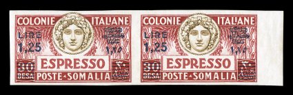 Sassone E7a, 1927 Lire1,25 surcharge on 30b Red and brown, imperforate, handsome right sheet-margin horizontal pair, other three sides are wide and even as well, especially
fresh with deep intense colors, o.g., n.h., very fine and choice a s