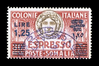 Sassone E8, 1940 Lira1,25 surcharge on 30c Red and brown, perforated 14, the scarce last special delivery issue, attractive used example with neat portion of violet postmark,
fresh with full even perforations, fine centering and scarce legiti