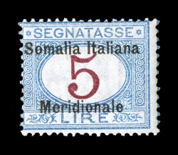 Sassone S1-11, 1906 5c-10L Postage Dues with Somalia ItalianaMeridionale, an attractive and scarce set of this first issue, all well matched with rich colors, all with full
o.g., typical fine centering which the vast majority of the postage d