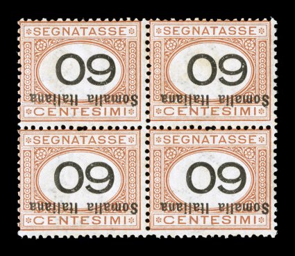 Sassone S47a, 1926 60c Orange and black, numeral and inscription inverted, fresh mint block of four, actually quite well centered for the postage dues, attractive colors, o.g.,
n.h., very fine (Scott J37a $1,100.00).