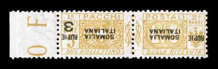 Sassone PP28a, 1923 SomaliaItalianaRupie 3 surcharge on 3L Yellow, inverted surcharge, marvelously well centered left sheet-margin example of this scarce variety, exceptionally
fresh with bright color, o.g., very lightly hinged, extremely fi