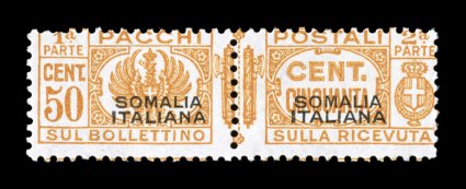 Sassone PP58, 1940 50c Orange with SomaliaItaliana overprint, pristine mint example of this parcel post rarity, radiant color on fresh bright white paper, full o.g. that has
never been hinged, normal fine centering as found on virtually a