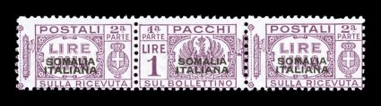 Sassone PP60, 1931 1L Brown lilac with SomaliaItaliana overprint, another fresh mint example, this with an additional section of the stamp at left, bright fresh color, o.g.,
n.h., attractive fine centering and scarce signed E(nzo) D(iena) an