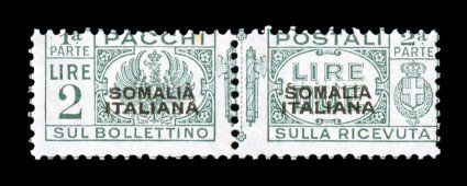 Sassone PP61, 1940 2L Green with SomaliaItaliana overprint, another example of this scarce value in a lighter shade of green, o.g., n.h., trivial tone speck at top, fine and
scarce signed E(nzo) D(iena) and accompanied by his 1984 certificat