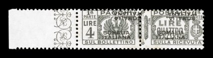 Sassone PP63b, 1928 4L Gray black with SomaliaItaliana overprint, double overprint, one inverted, attractive left sheet margin pristine mint single of this rare variety, strong
rich color on bright paper, fine centering as this variety is nor