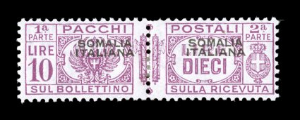 Sassone PP64, 1936 10L Rose lilac with SomaliaItaliana overprint, unusually well centered mint single of this high value, bright color on fresh white paper, o.g., very fine and
scarce (Scott Q49 $400.00).