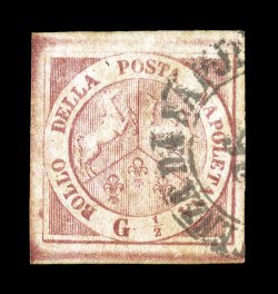 Sassone 2, 1860 12gr Carmine, plate II, attractive large margined used example with wide even margins all around, bright color and fresh, cancelled by a portion of Partenza da
Napoli double-circle c.d.s., a very rare use of this postmark
