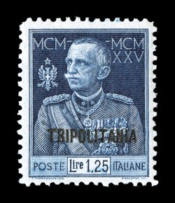 Sassone 25, 1925 1,25L King Victor Emmanuel with Tripolitania overprint, perforated 11, well centered mint single in this scarce perforation, intense dark blue color, o.g.,
lightly hinged, choice very fine signed Champion, E(nzo) D(iena) (Sco