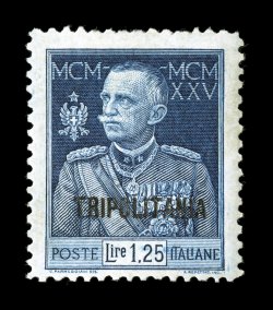 Sassone 25, 1925 1,25L King Victor Emmanuel with Tripolitania overprint, perforated 11, extra-large margined mint single, deep rich color, intense dark blue color, o.g., trace
of hinging, very fine (Scott 19a $1,050.00).