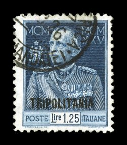 Sassone 25, 1925 1,25L King Victor Emmanuel with Tripolitania overprint, perforated 11, attractive used single with neat portion of 1926 c.d.s. postmark, well centered and
fresh, rich color on bright paper, very fine and much scarcer used than