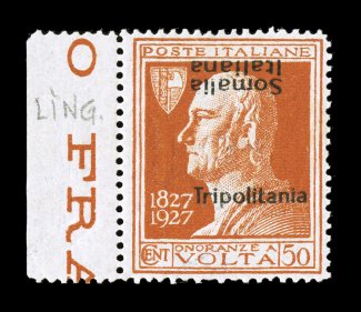 Sassone 44c, 1927 50c Volta with Tripolitania overprint, with additional inverted SomaliaItaliana overprint, left sheet-margin single, strong color, well centered, o.g., very
fine and an attractive variety that is unlisted in Scott signed