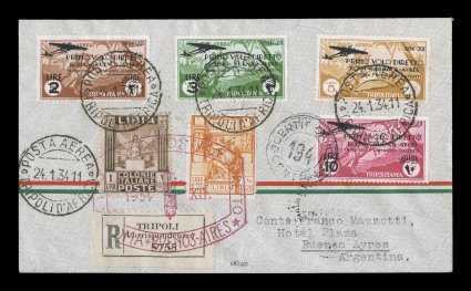 1934 First direct flight cover Rome to Buenos Aires, attractive cover with the four-value set overprinted for this flight (Sassone 30-33) plus two other adhesives, tied by Posta
AereaTripoli DAfrica24.1.34 c.d.s., flight cachets on front an