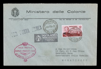 Sassone SA1, 1934 25L+2L Brown carmine air post semi-postal official, tied to attractive Ministry of the Colonies imprinted cover by Posta AereaTripoli DAfrica6 11. 34. c.d.s.
with an additional strike at left, flown on the Rome-Mogadiscio