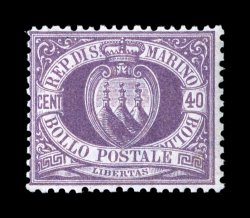 Sassone 7, 1877 40c Deep lilac, fresh mint single, especially deep attractive color, o.g., lightly hinged, normal fine centering an attractive key value from the first values
that were issued in 1877 signed A. D(iena) (Scott 17 $900.00).