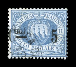 Sassone 8A, 1892 Cmi. 5 surcharge on 10c Ultramarine, a choice cancelled single of the key rarity of San Marino, exceptionally attractive with rich color in the true ultramarine
color, in addition the paper is fresh and bright, portion of a li