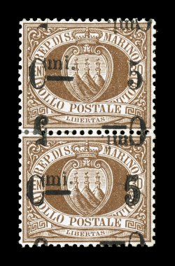Sassone 9c, 1892 Cmi. 5 surcharge on 30c Brown, double surcharge, one inverted, an amazingly well centered vertical pair, each stamp is nearly perfectly centered with clear even
margins all around, a phenomenon that rarely occurs on these extr