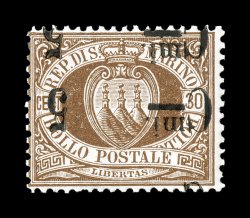 Sassone 9d, 1892 Cmi. 5 surcharge on 30c Brown, double inverted surcharge, an especially handsome mint single of this variety, lovely deep brown color on fresh paper, o.g.,
small h.r., normal fine centering signed E(nzo) D(iena), Raybaudi and