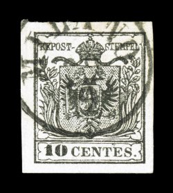 Sassone 19, 1857 10c Black on machine paper, a lovely used example of this scarcer later printing, intense black color and razor sharp impression on fresh bright paper, neatly
cancelled with Milano9 9 c.d.s., extremely fine and choice (Scott