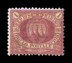 Sassone 20, 1892 1L Carmine and yellow, bright mint single with brilliant colors, full o.g., lightly hinged, typical fine centering an exceptionally rare mint value as only
5,000 stamps were originally issued, this is actually a very small issu