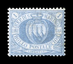 Sassone 31, 1894 1L Ultramarine, select mint single being quite well centered for this extremely tightly margined issue, the perforations are clear or only barely touch the
frame all around, fresh color on bright white paper, o.g., lightly hinge