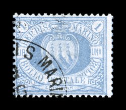 Sassone 31, 1894 1L Ultramarine, attractive used single with neat portion of a black c.d.s. cancel, nice pastel color on fresh white paper, normal fine centering an elusive high
value signed A. D(iena) (Scott 22 $525.00).