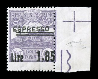 Sassone 129a, 1926 Lira 1.85 surcharge on 60c Violet with Espresso overprint obliterated by bars, double Espresso overprint, right sheet-margin single with deep color, o.g.,
n.h., normal fine centering an unusual variety surcharging the d