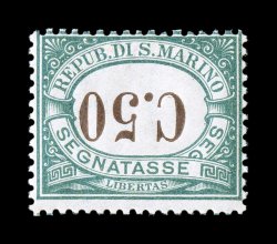 Sassone S4a, 1897 50c Green and brown postage due, inverted numeral, an especially fresh mint single, rich colors and sharp impressions on bright white paper, pristine o.g.,
n.h., normal fine centering signed E(milio) D(iena) (Scott J4a $300.