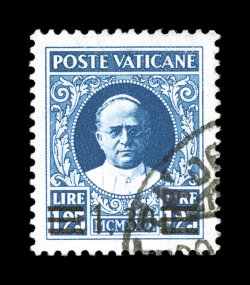 Sassone 36A, 1934 1,30L on 1,25L Blue trial provisional surcharge, a beautifully centered used single of this Vatican City rarity, the 1,30 between the bars is significantly
smaller than the normal provisional surcharge of the 1934 issue, luxu