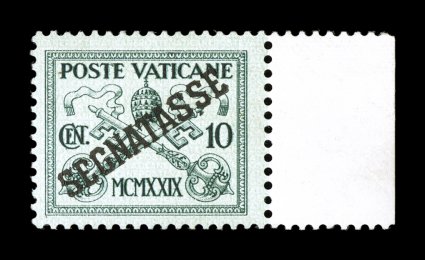 Sassone S2A, 1931 10c Green postage due with Segnatasse overprint, a stamp similar to the first 10c Green postage due but without frame, exceptionally fresh right sheet-margin
single, lovely bright color and well impressed overprint, o.g., n.h