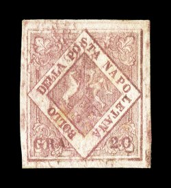 Sassone 12, 1858 20gr Brownish rose, plate I, handsome mint single of this elusive value, large balanced margins on all four sides, fresh color and detailed impression, full
original gum, very fine and exceedingly choice a rare stamp in this im